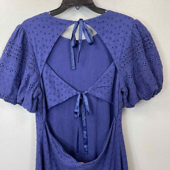 Free People Apricot Rose Mini Dress Womens Large Navy Blue Eyelet Puff Sleve - Picture 6 of 13